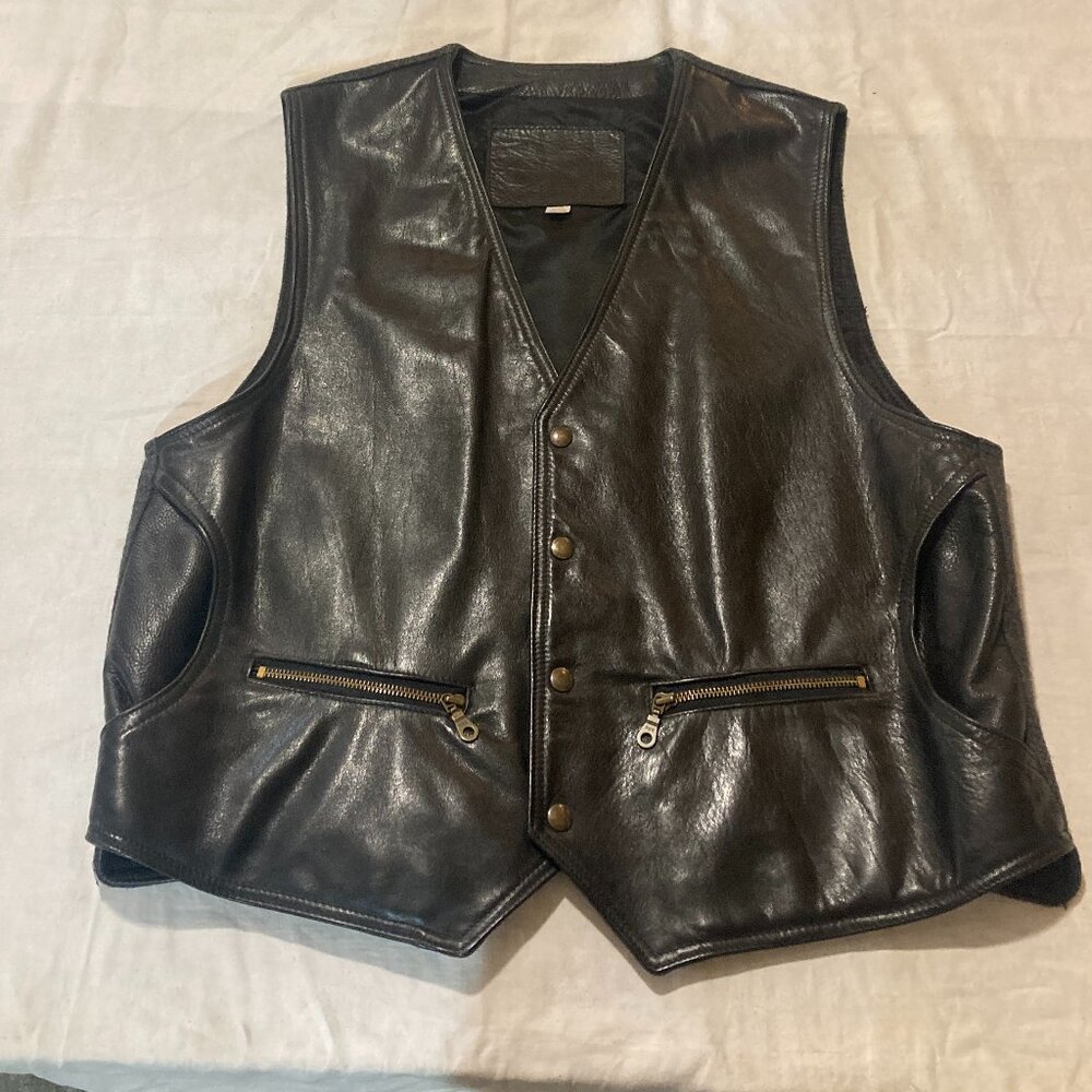 Vtg sleeveless cowboy western biker motorcycle black leather mens vest sz XL